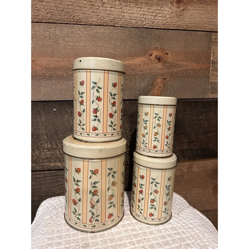 Vintage Metal Tin Canister Set Of 4 Nesting Containers Some Wear Cottage Core